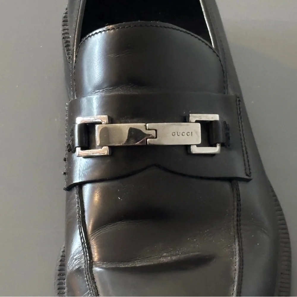 Gucci Black Leather Slip-On Loafers with Silver Horsebit